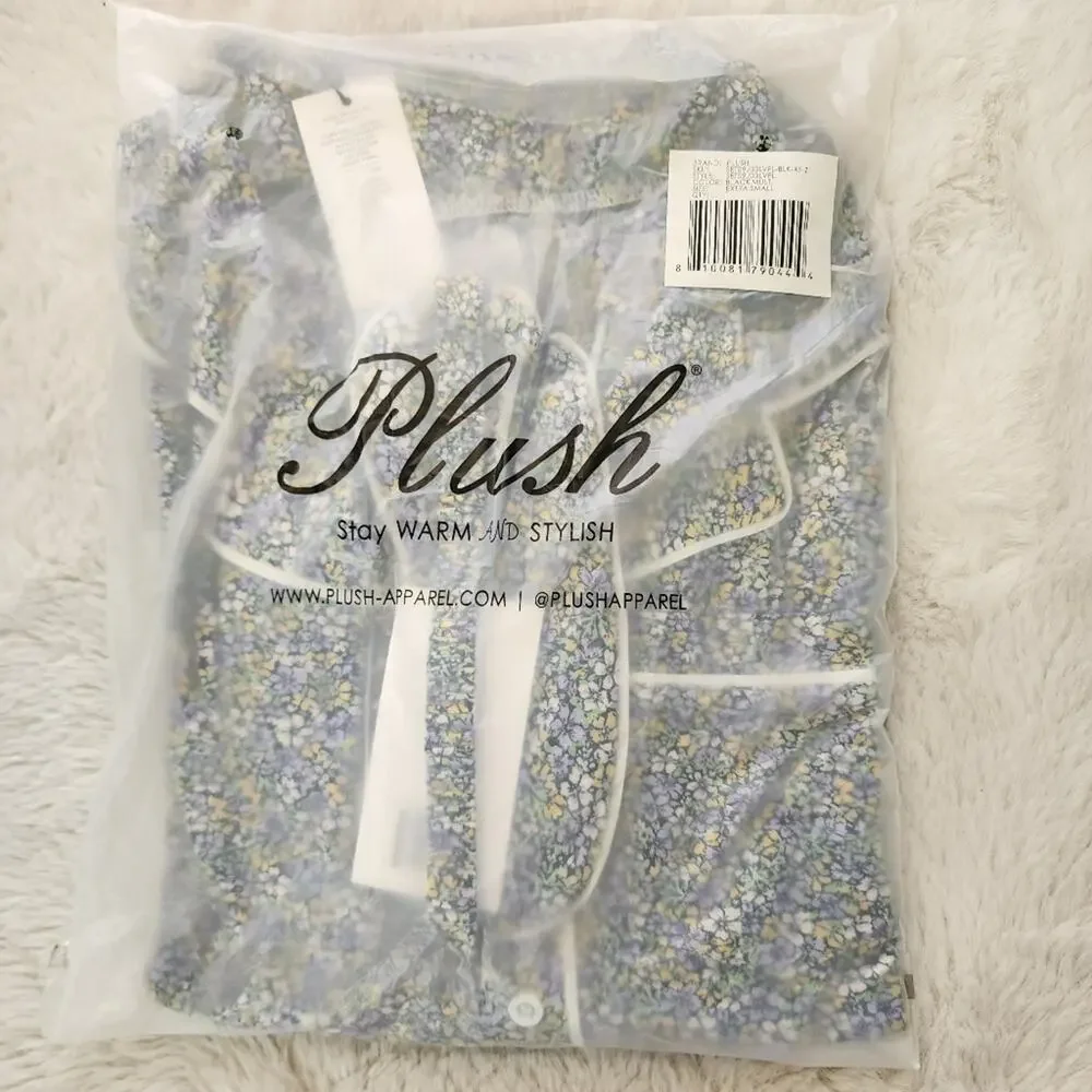 Plush Apparel Floral Jersey Pajama Set NWT Black Purple 3pc Top Shorts Mask XS